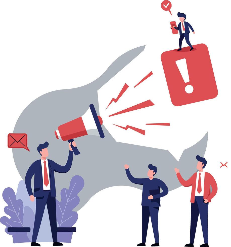 Business team collaborating with megaphone in flat illustration, expressing ideas and urgency in a modern office setting vector