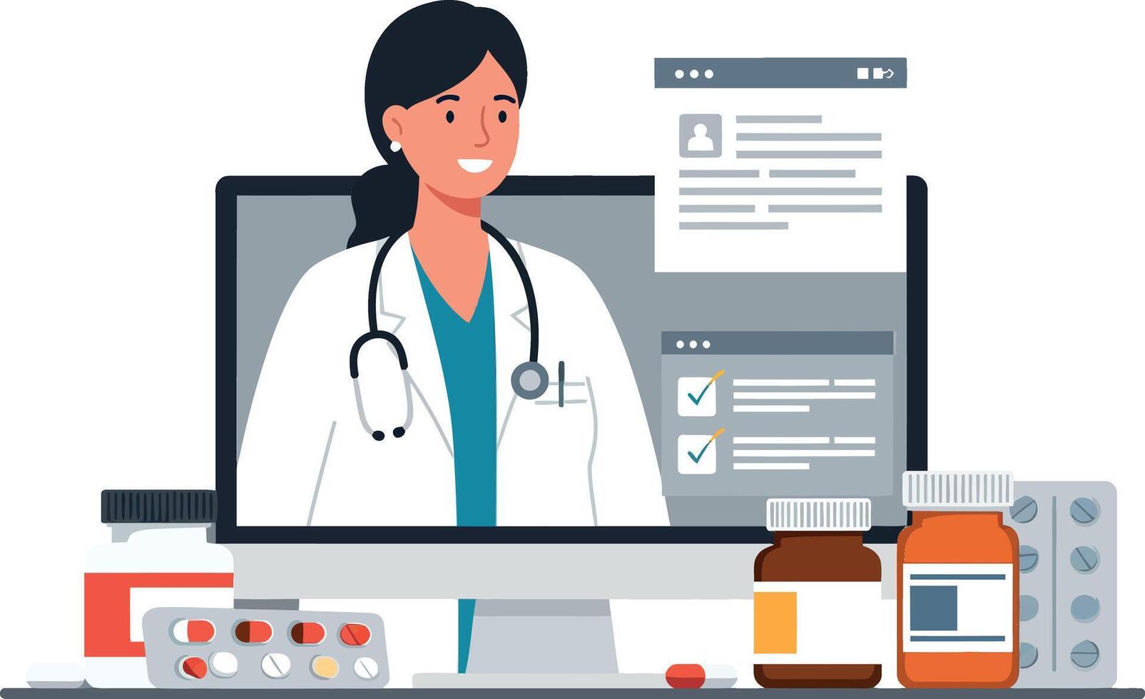 Doctor in white coat providing telemedicine consultation with computer, flat illustration vector