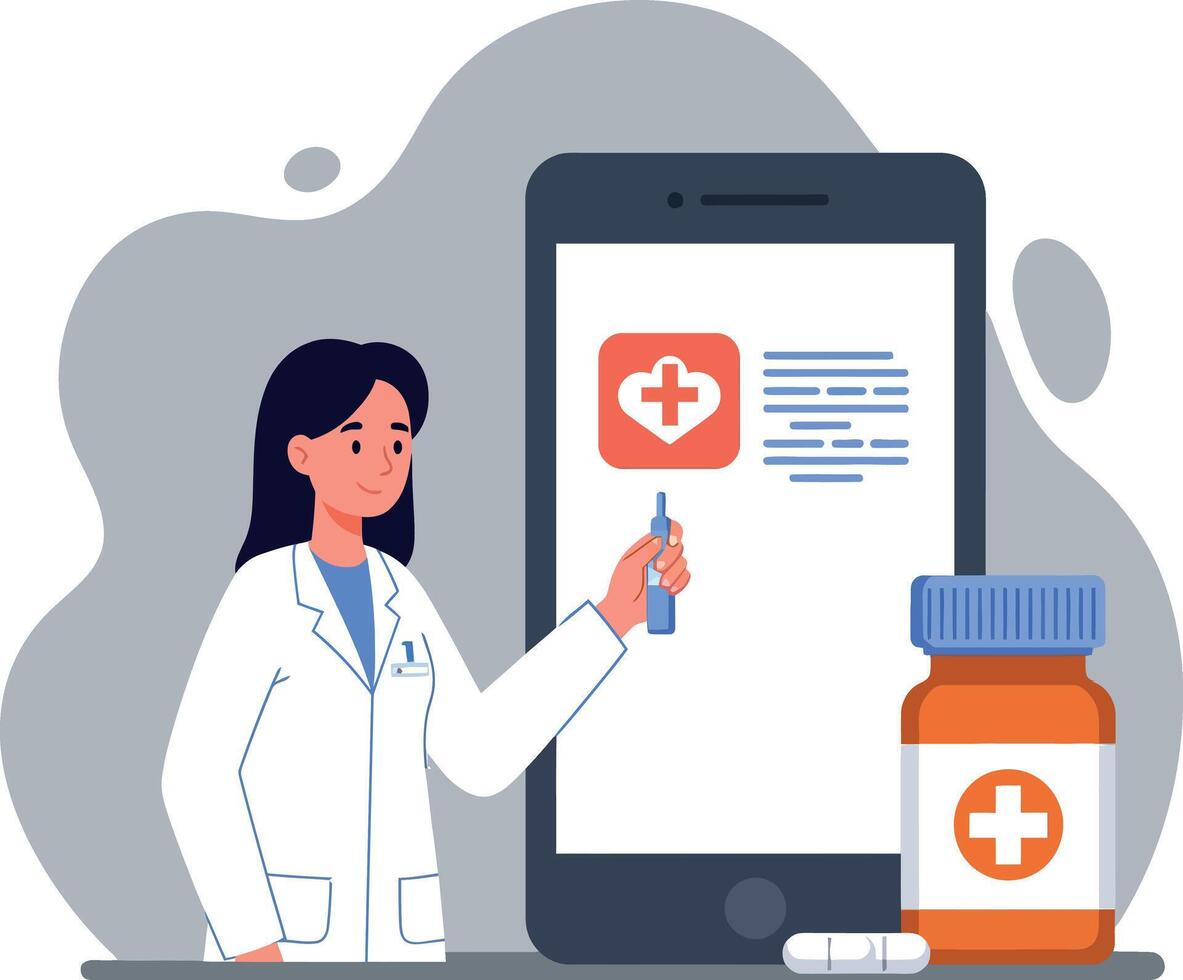 Female doctor presenting medication information on a smartphone with a prescription bottle in flat art vector