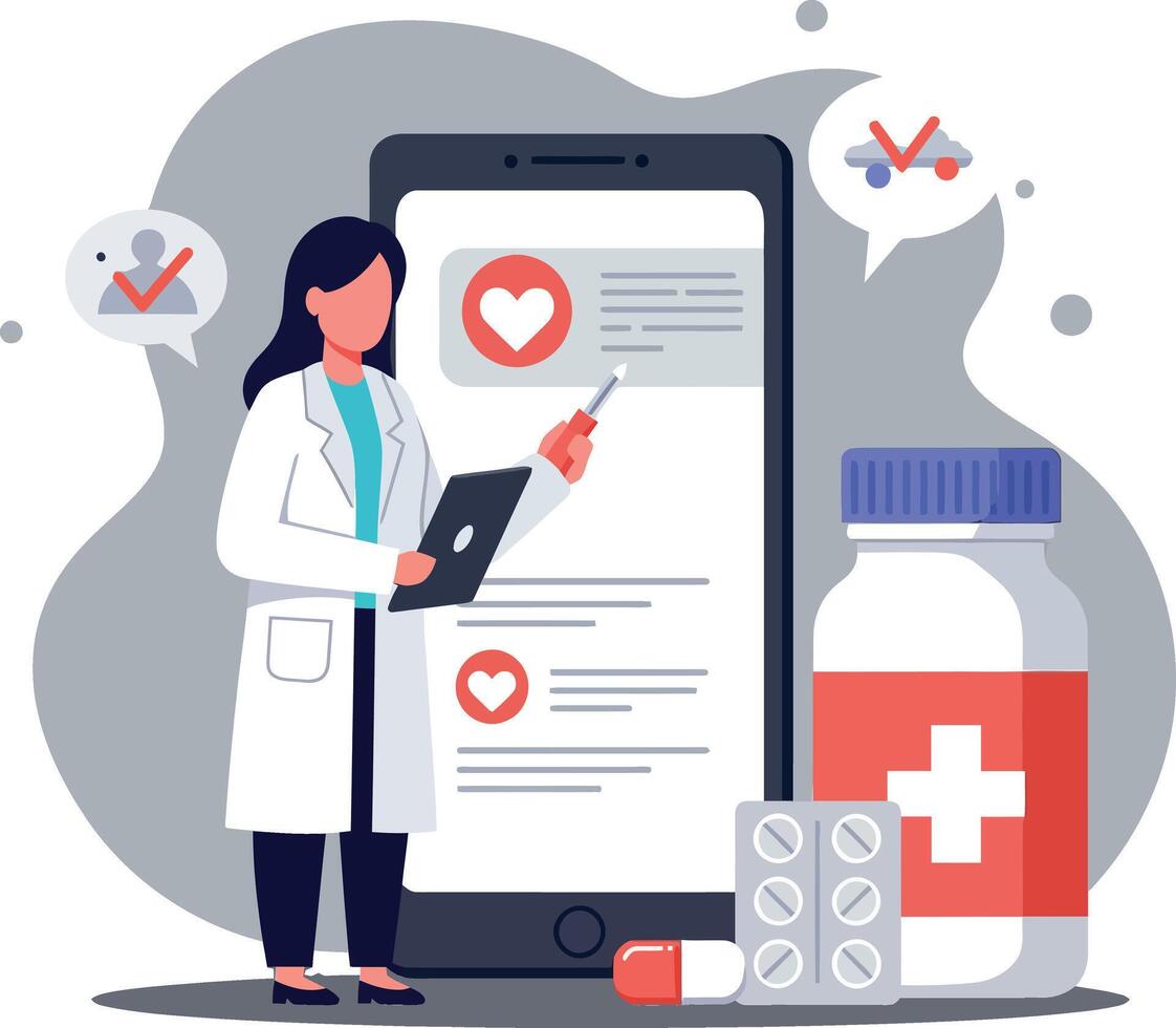 Doctor holding a tablet next to a smartphone with health data in a minimal illustration vector
