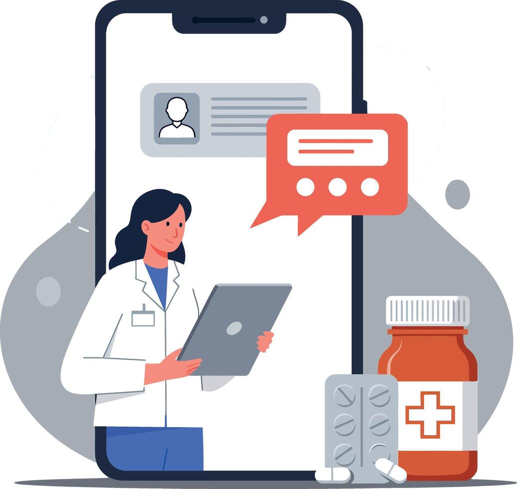 Doctor interacting with a smartphone and medication, flat illustration showcasing telemedicine concept vector