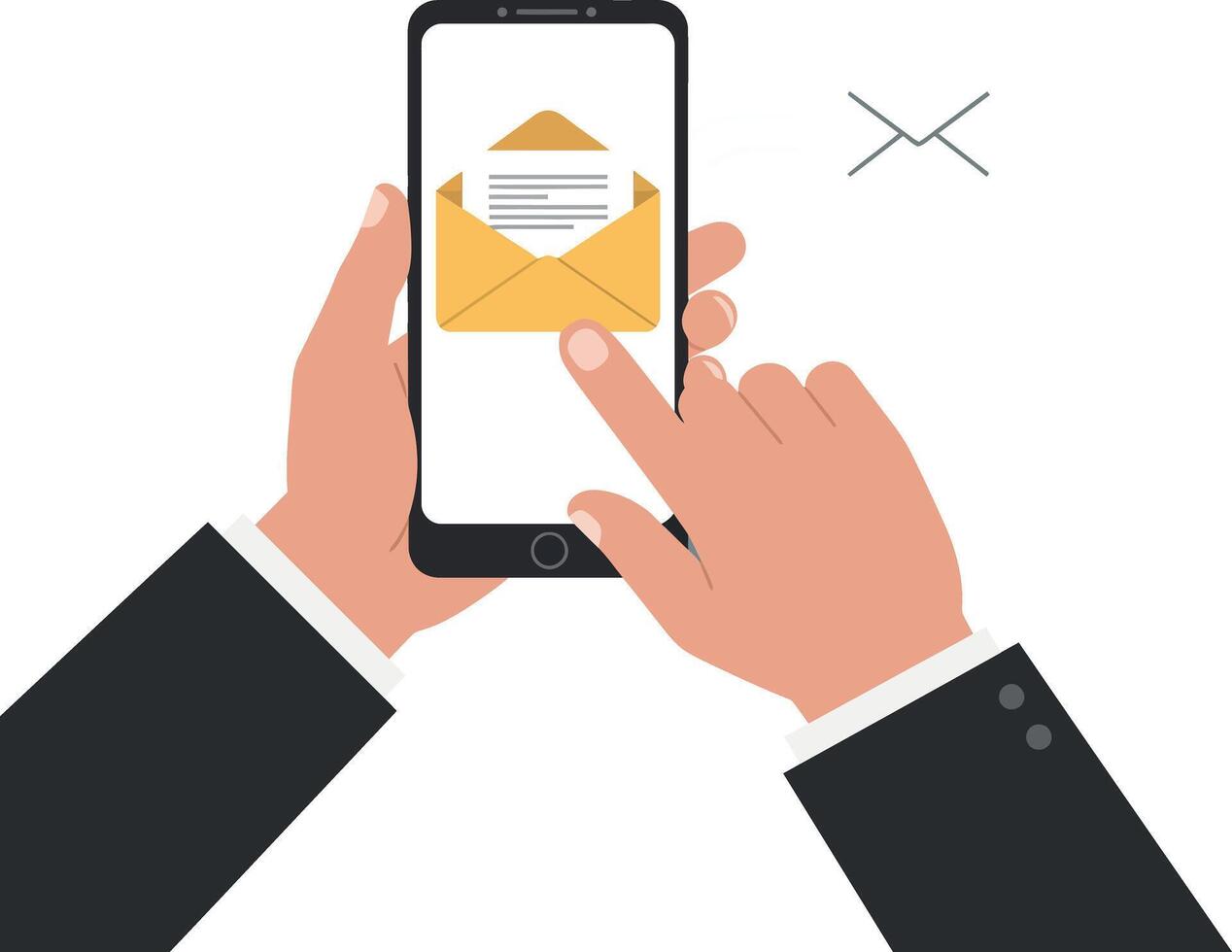 Hands holding smartphone displaying email notification in flat illustration vector