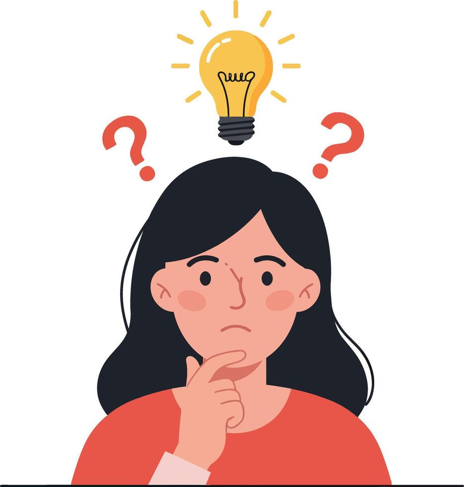 Thoughtful woman pondering with a light bulb above her head in a minimal illustration vector