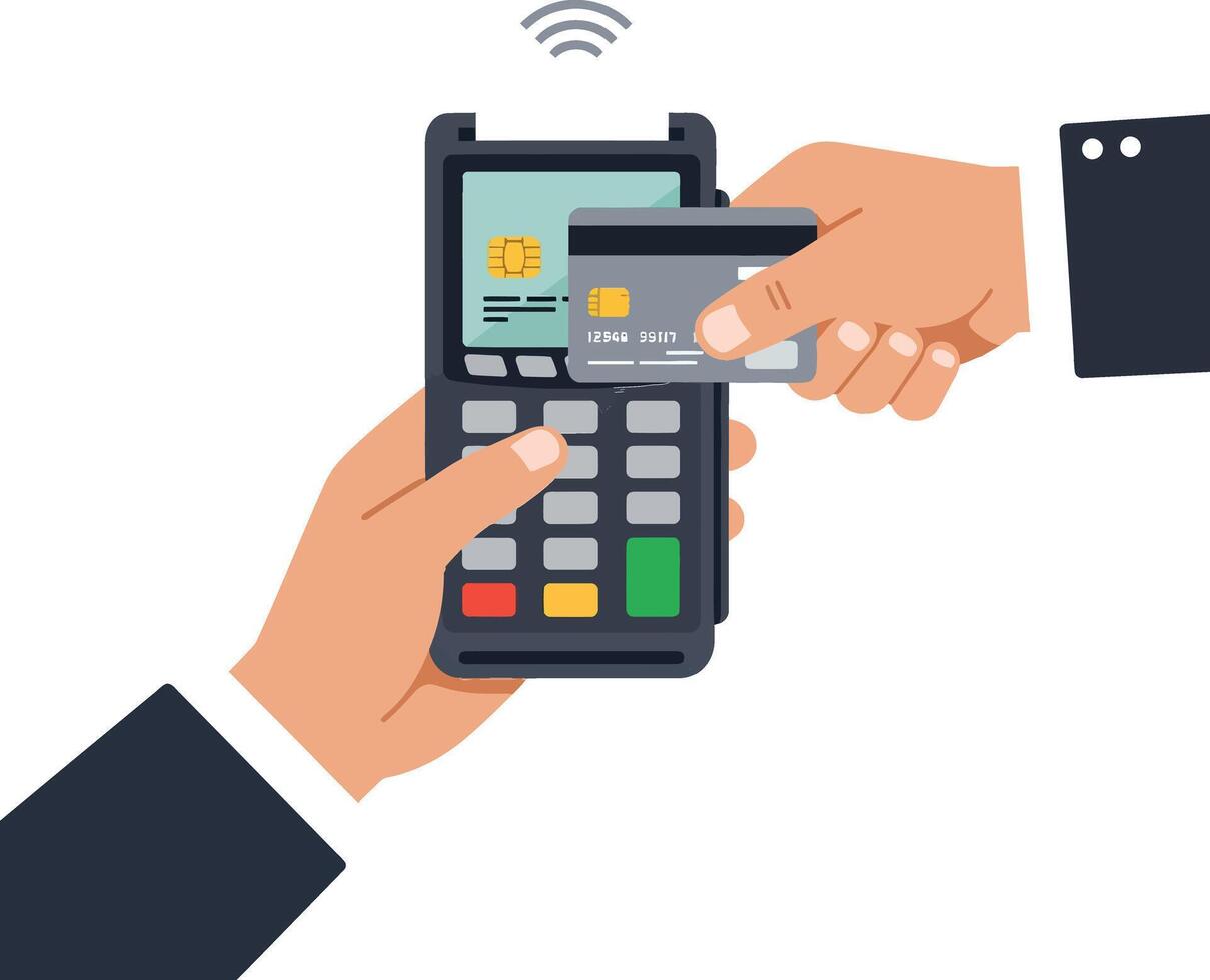 Hands engaging in contactless payment using a smartphone and credit card in flat art vector
