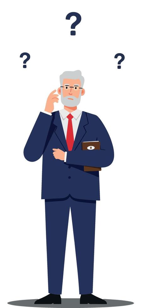 Confused businessman in a suit with a questioning expression in a flat illustration vector