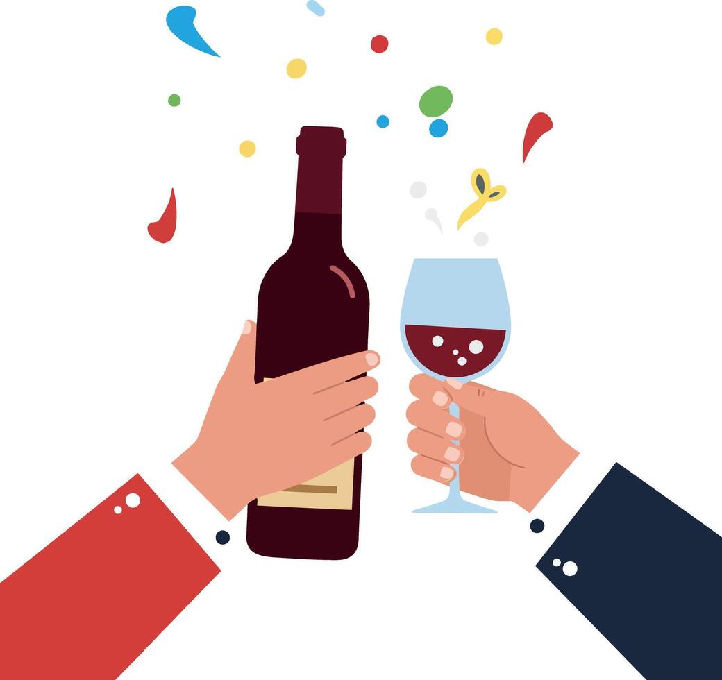 Two hands clinking a wine glass with a bottle in a celebratory flat illustration vector