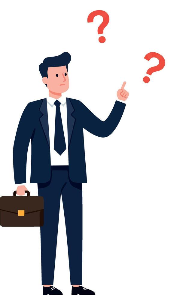 Businessman in a suit with a briefcase, looking puzzled with question marks, flat illustration vector