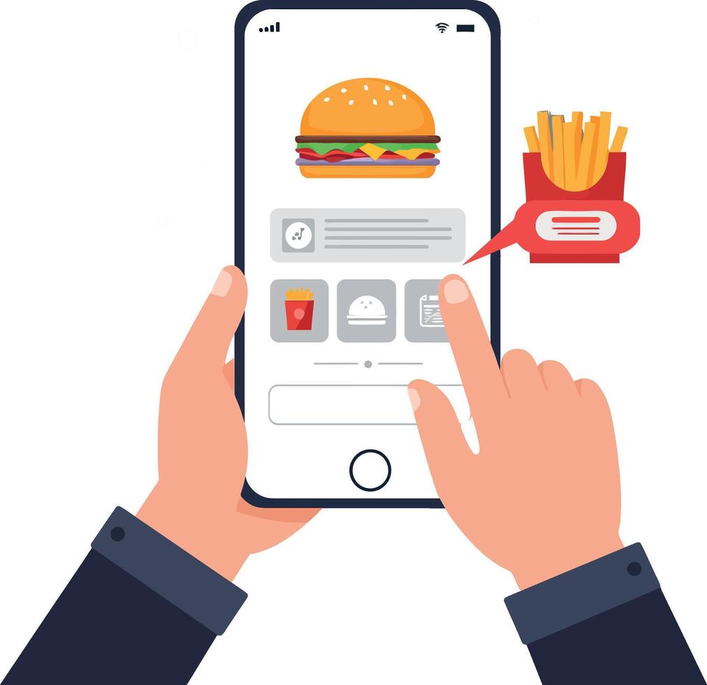 Hands holding a smartphone displaying a burger order in flat art style vector
