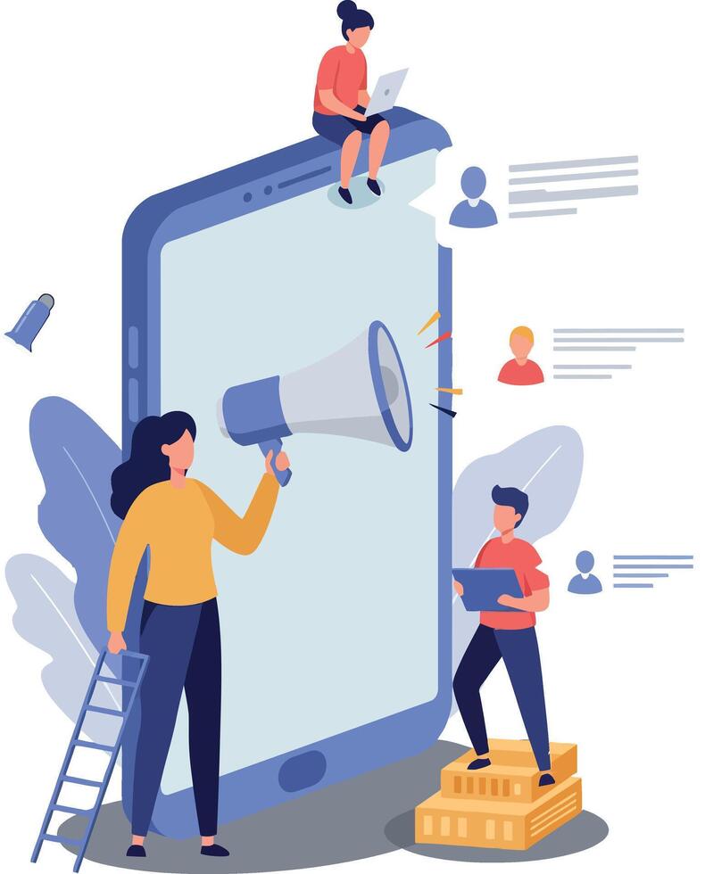 Engaging digital marketing scene with characters using devices in flat art vector