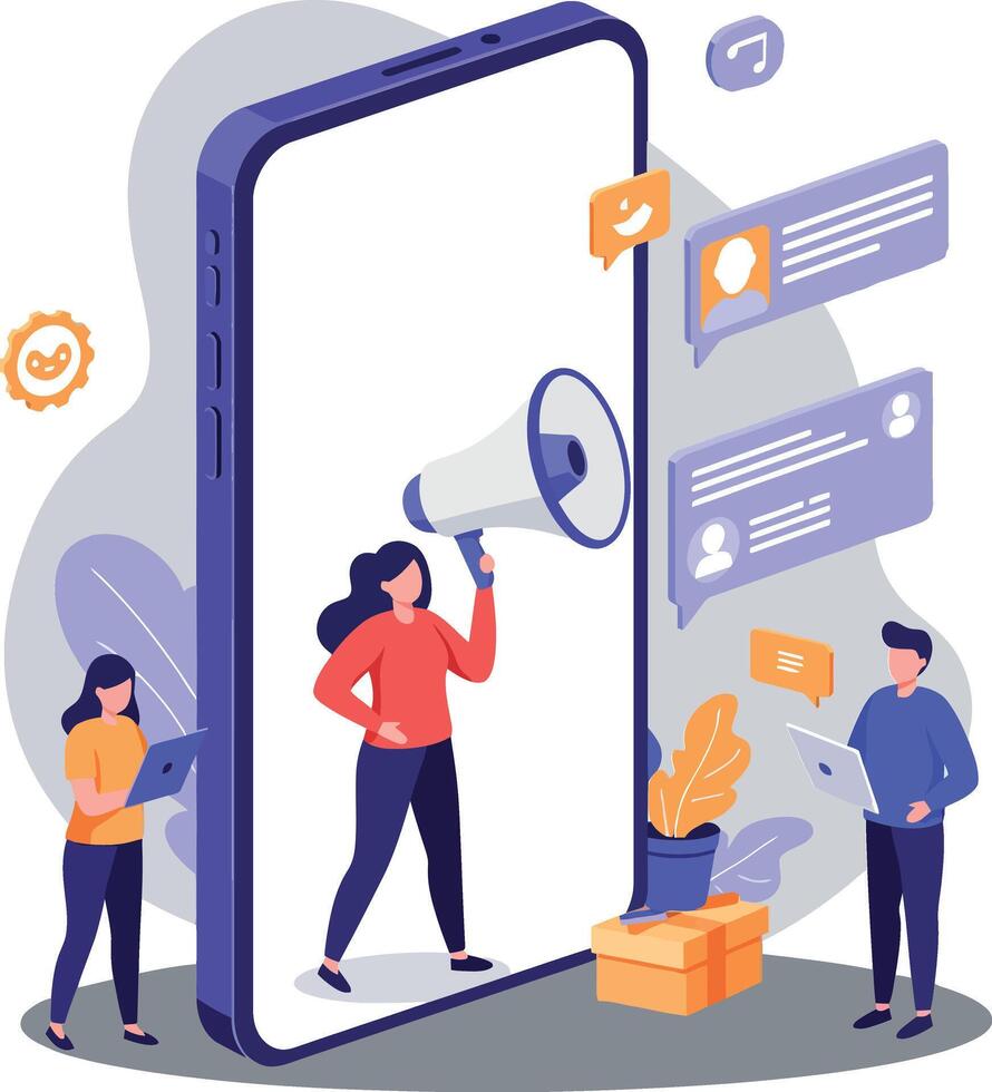Two people engaging in communication with a megaphone in a smartphone, flat illustration vector