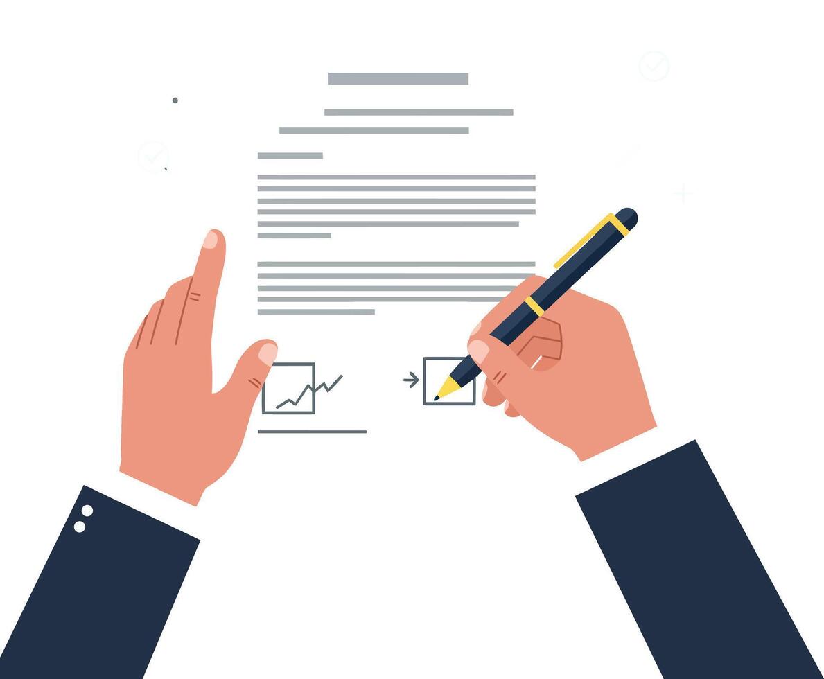 Hands holding a document while signing with a pen in a minimal illustration style vector