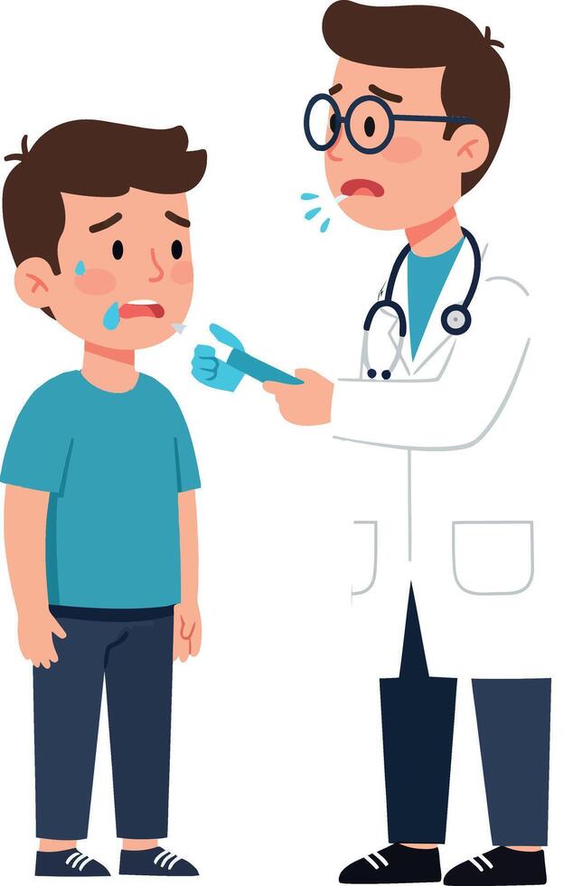 A worried child receiving medical attention from a caring doctor in a flat illustration vector