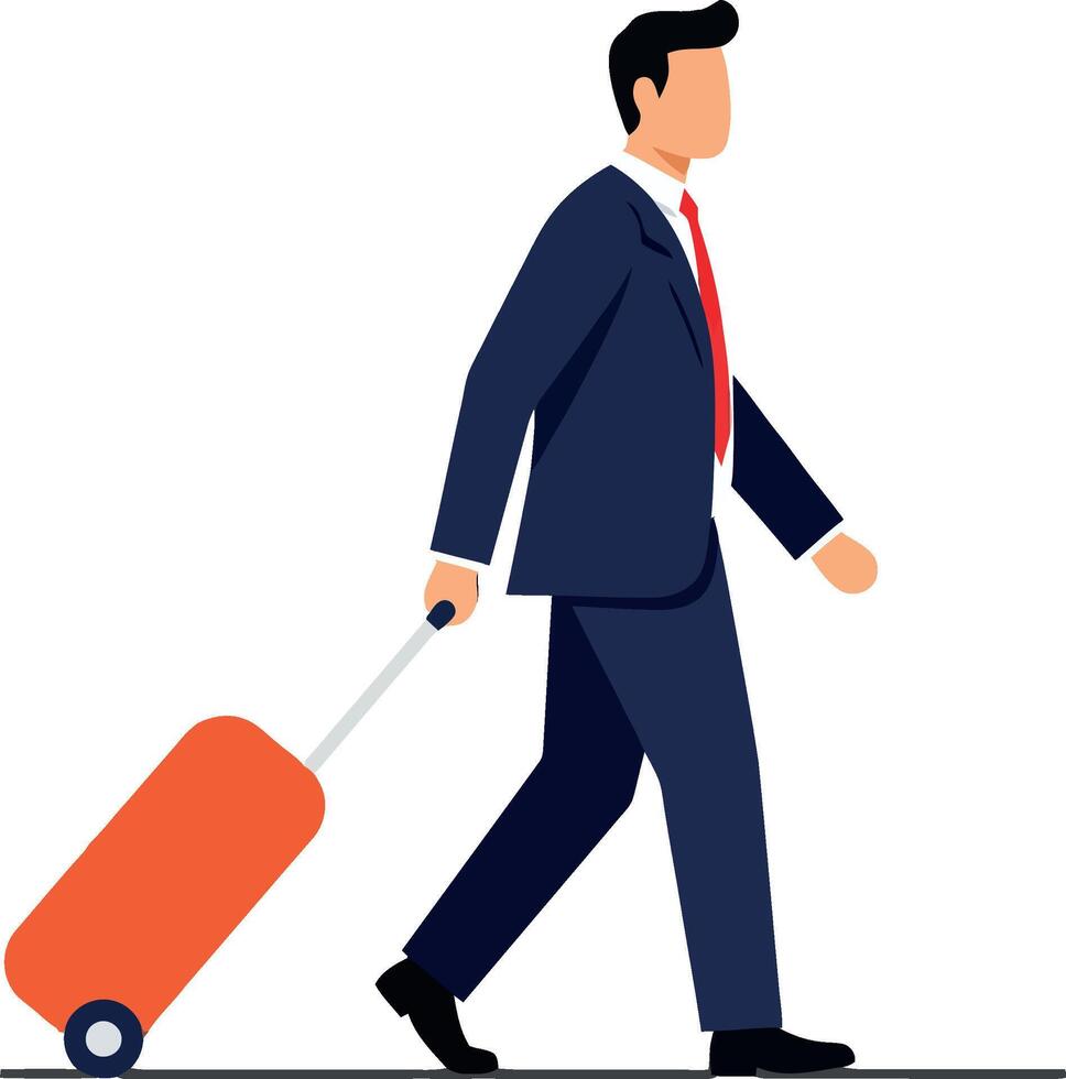 Businessman in a suit walking with an orange suitcase in a flat illustration vector
