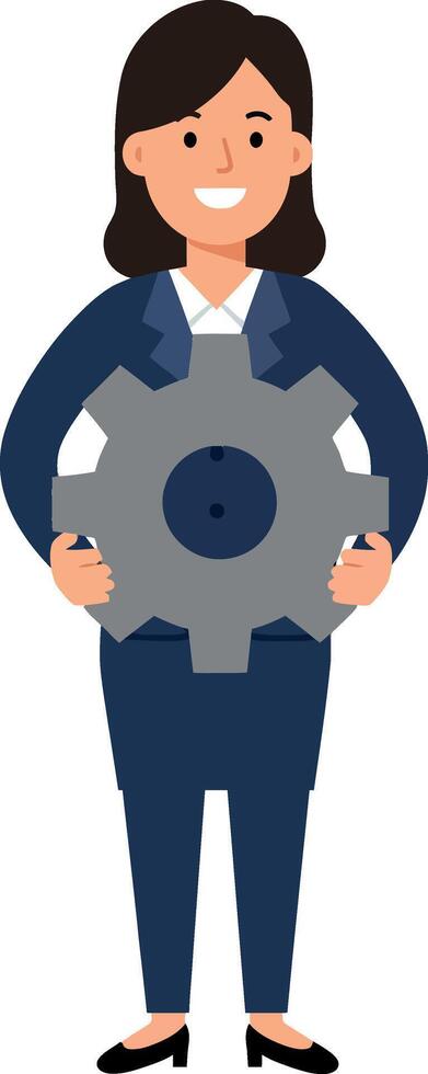 Businesswoman holding a large gear in a professional setting, flat illustration vector