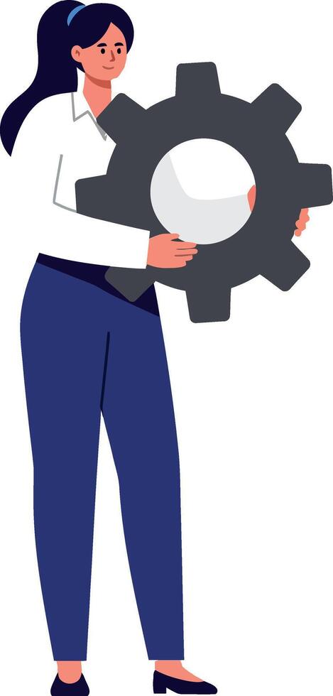 Woman holding a large gear in a professional outfit, flat illustration vector