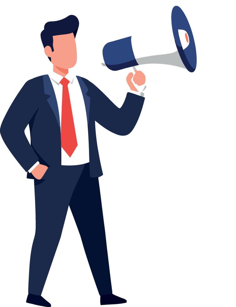 Businessman in suit passionately speaking into a megaphone in a flat illustration vector
