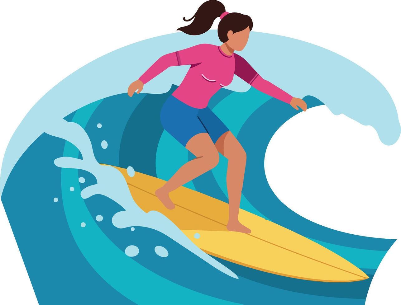Surfer woman riding a vibrant wave in flat art style showcasing action and excitement by the ocean vector