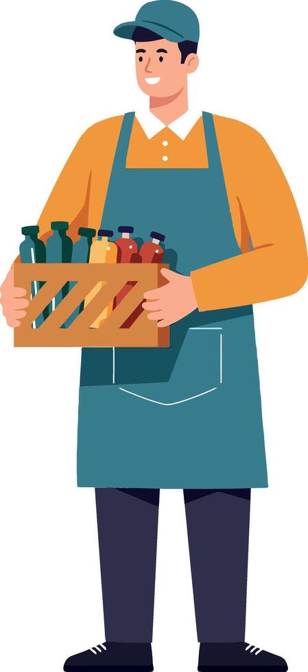A smiling man wearing an apron holds a crate of beverages in a flat illustration vector