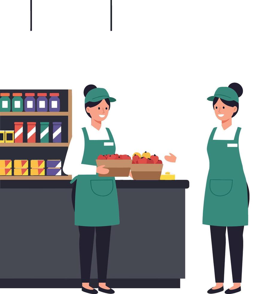 Two women in green aprons engaging cheerfully at a grocery store counter in flat art vector