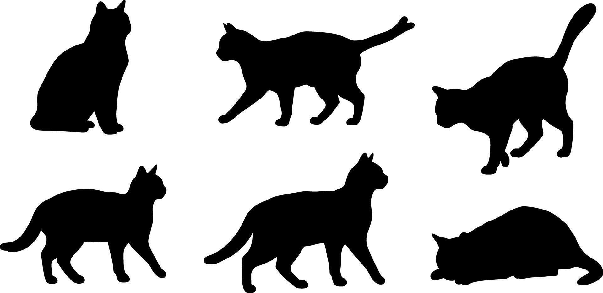 Six playful black cats in various poses showcasing minimal art style vector