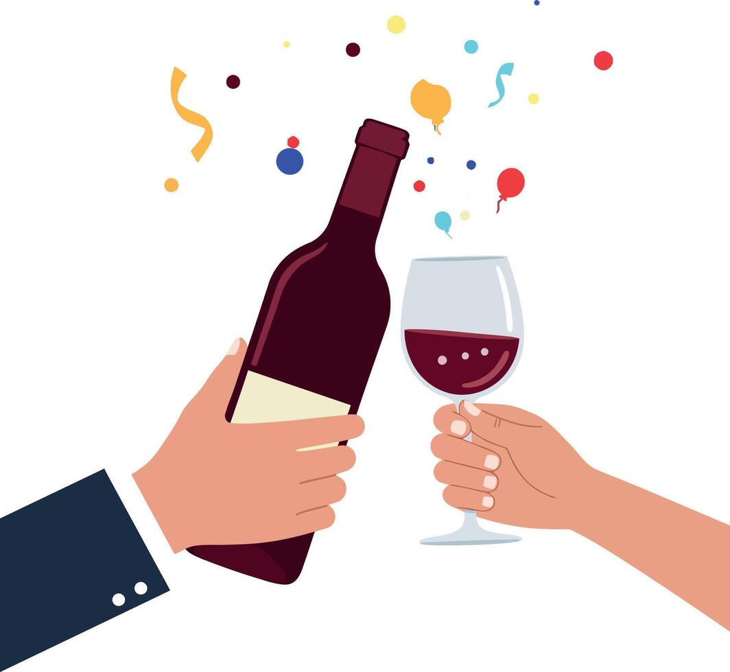 Two hands toasting with a wine bottle and glass in a festive minimal illustration vector