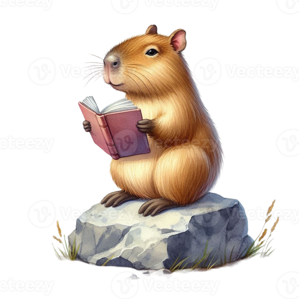 A brown rat is sitting on a rock reading a book png