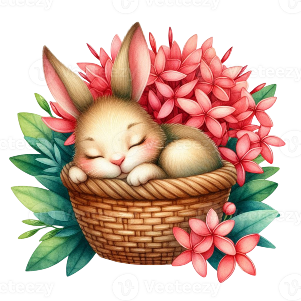 A cute little bunny sleeping in a basket of flowers png