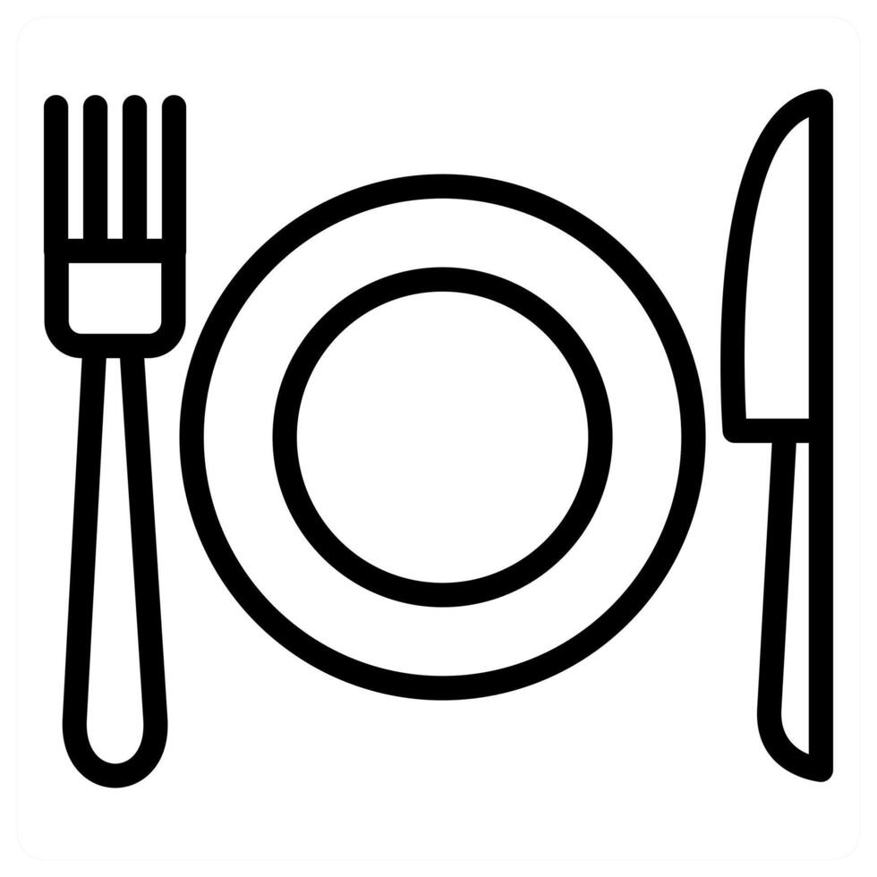 A black and white image of a plate, fork and knife vector