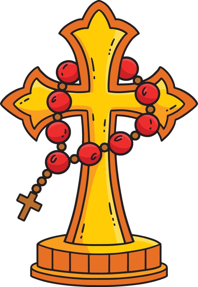 Baptism Cross with Rosary Cartoon Colored Clipart vector