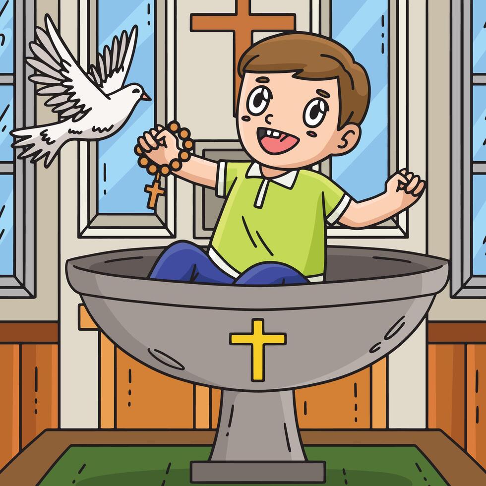 Baptism Child on Font Colored Cartoon Illustration vector