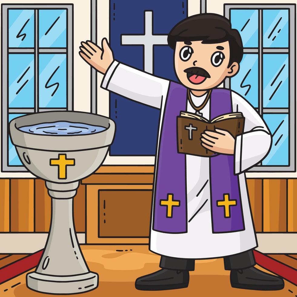 Baptism Priest and Baptismal Font Colored Cartoon vector