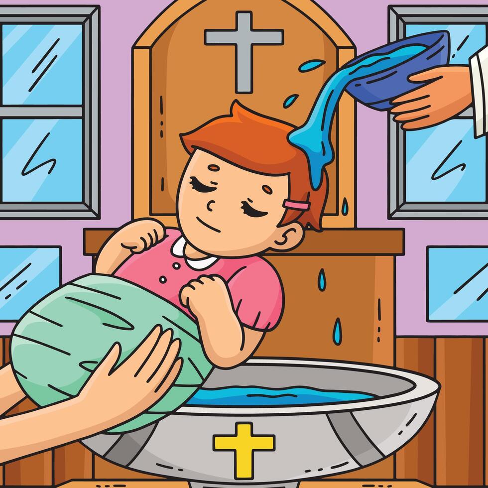 Baptism Baby Being Baptized Colored Cartoon vector