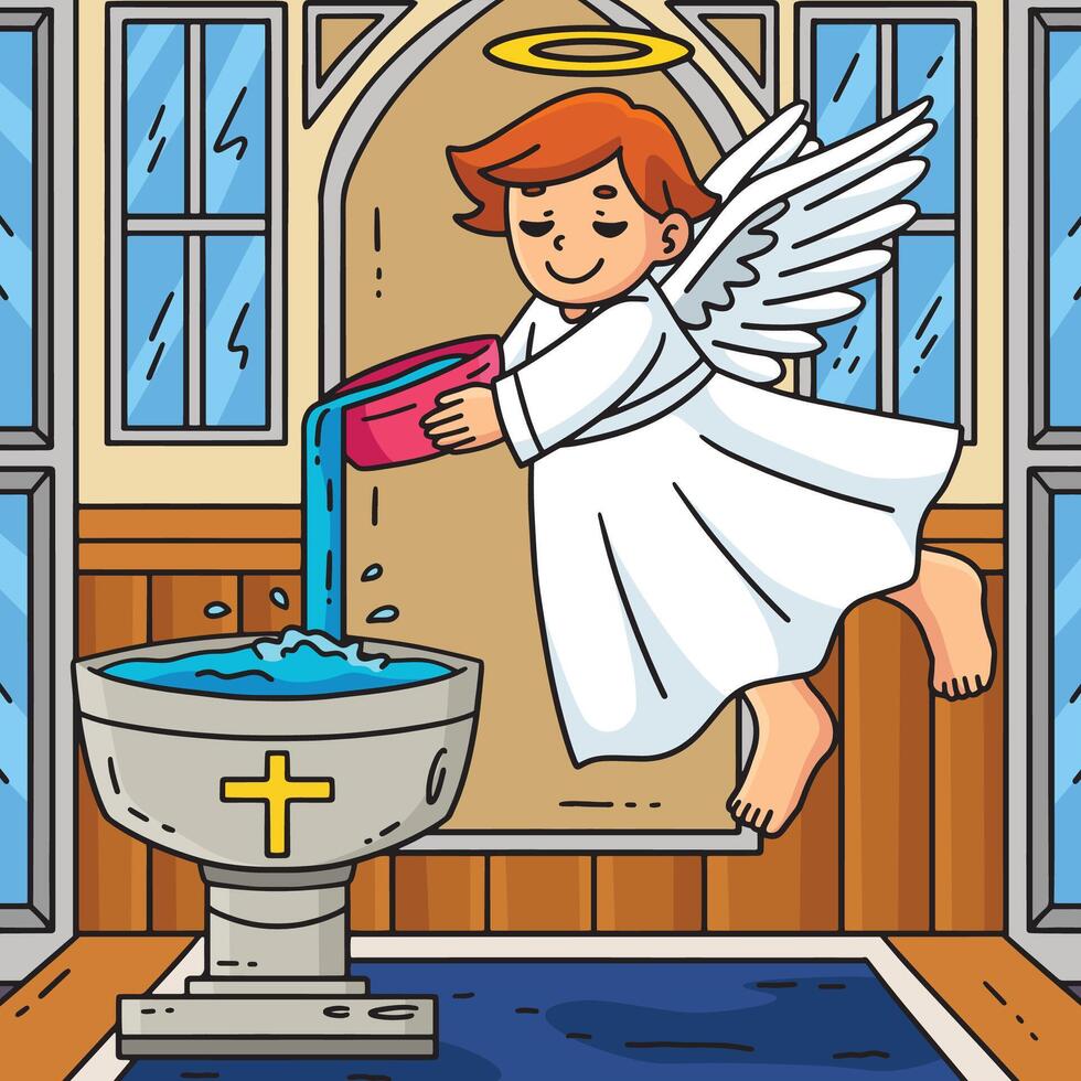 Baptism Angel Pouring Water Colored Cartoon vector