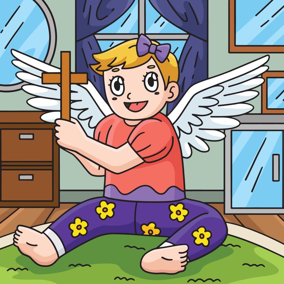Baptism Baby Holding Cross Colored Cartoon vector