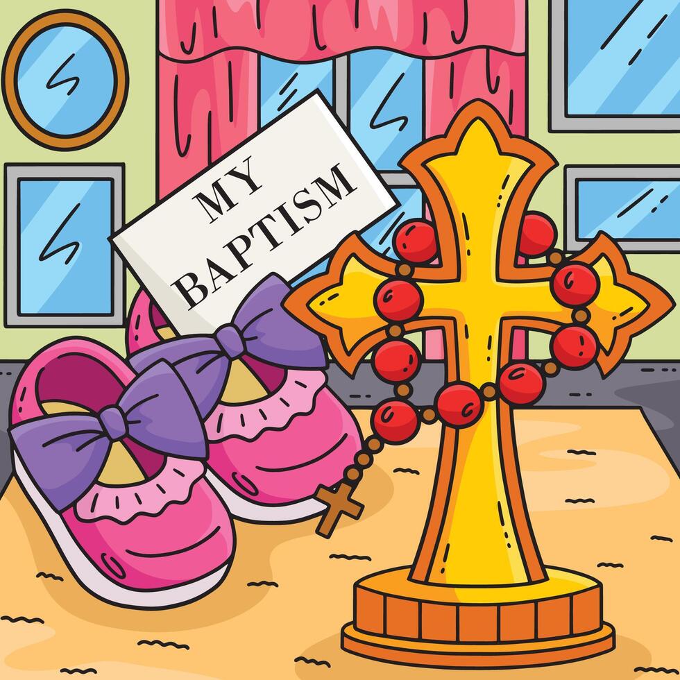 Baptism Cross, Baby Shoes and Rosary Colored vector