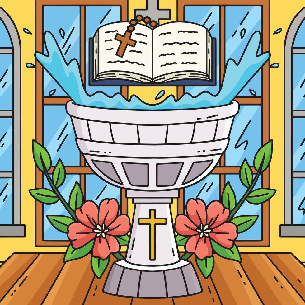 Baptism Font and Bible with Flower Colored vector