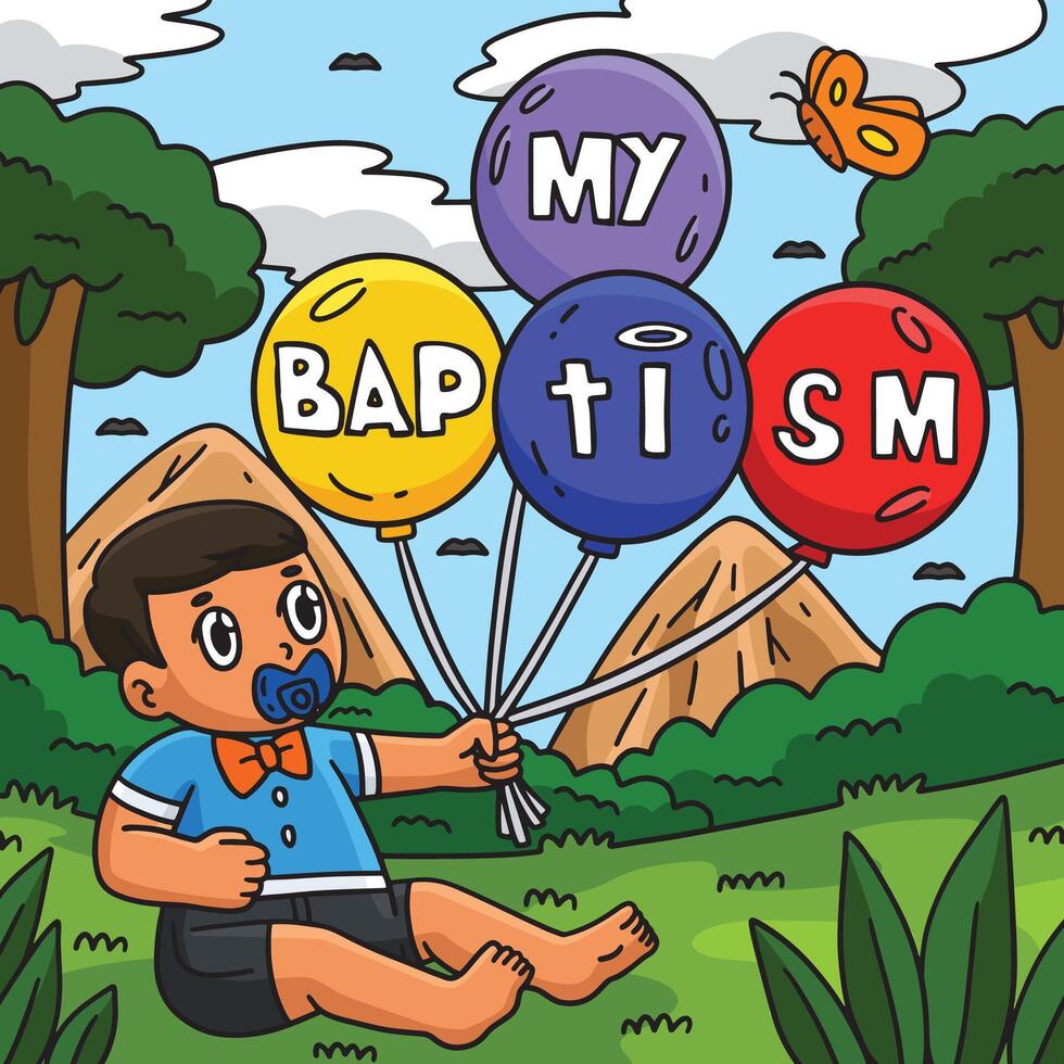 Baptism Baby Holding a Balloon Colored Cartoon vector