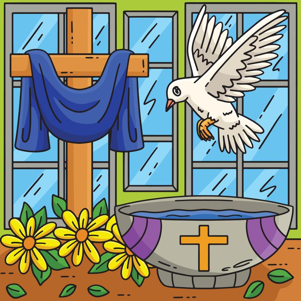 Baptism Bowl of Water, Dove and Cross Colored vector