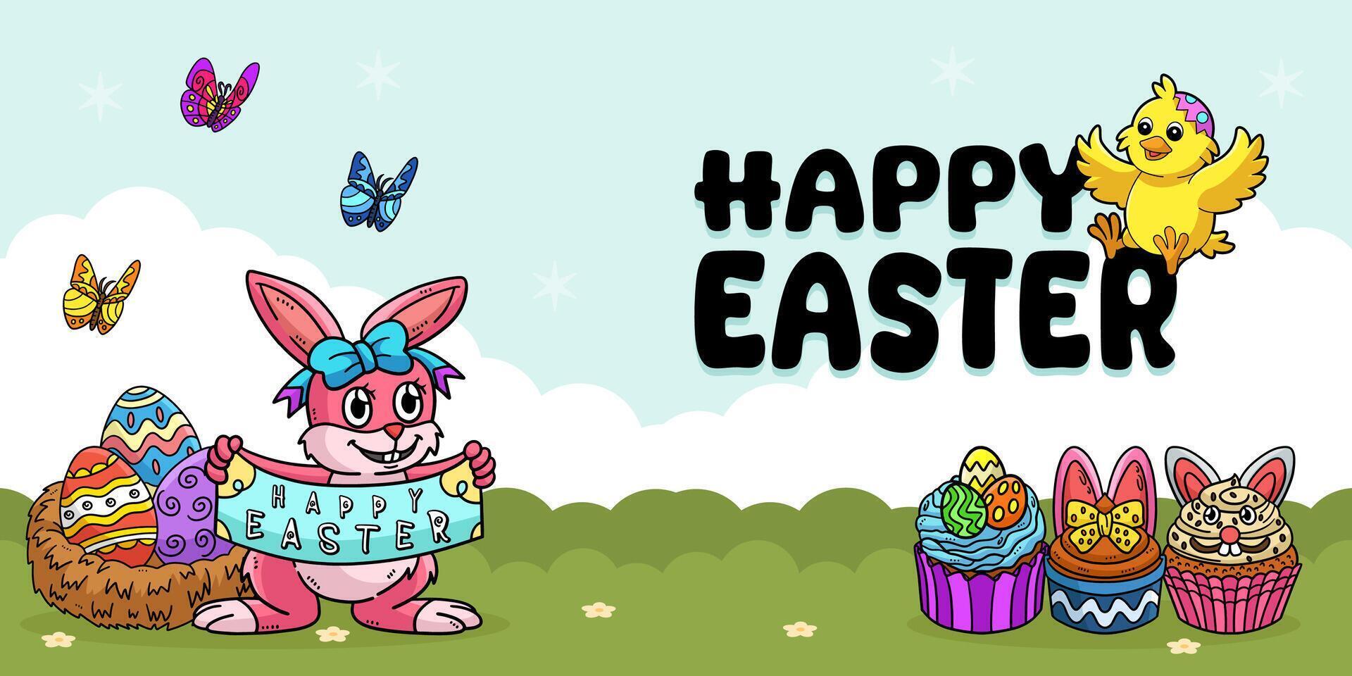 Happy Easter Egg Hunting Poster Panoramic Banner vector