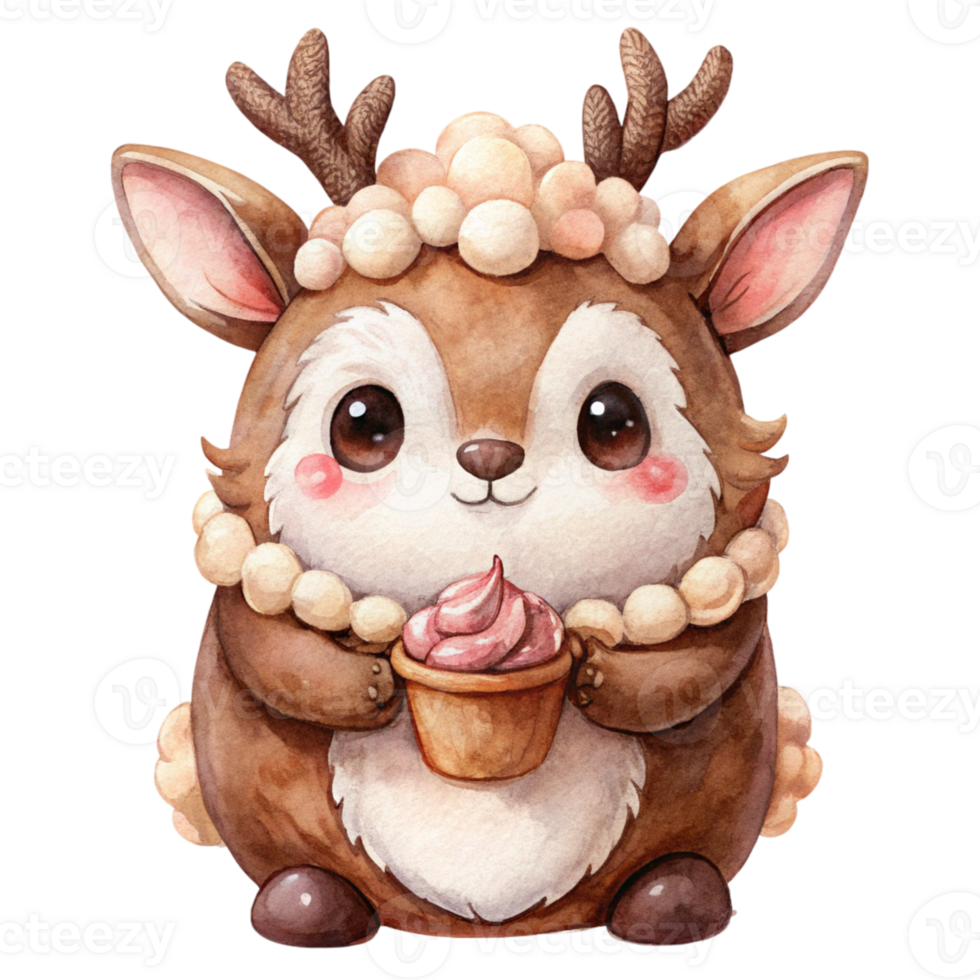 A cute deer with a cupcake in its mouth png