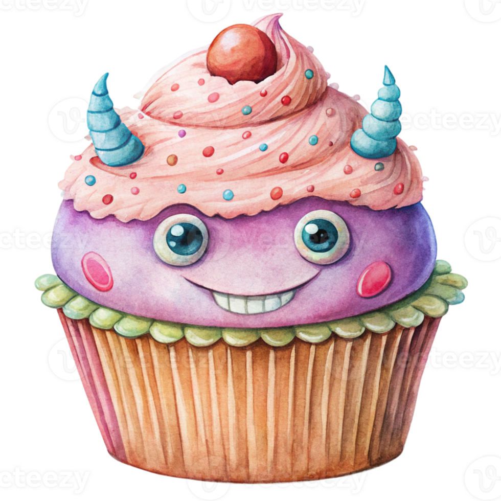 A cupcake with a monster face and horns png