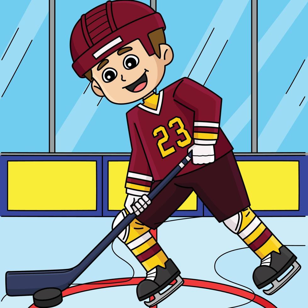 Ice Hockey Boy Player Dribbling Colored Cartoon vector