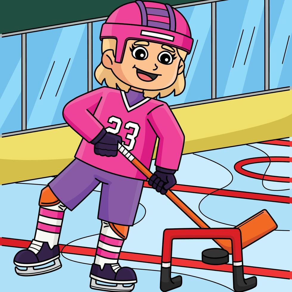 Ice Hockey Girl Player Training Colored Cartoon vector