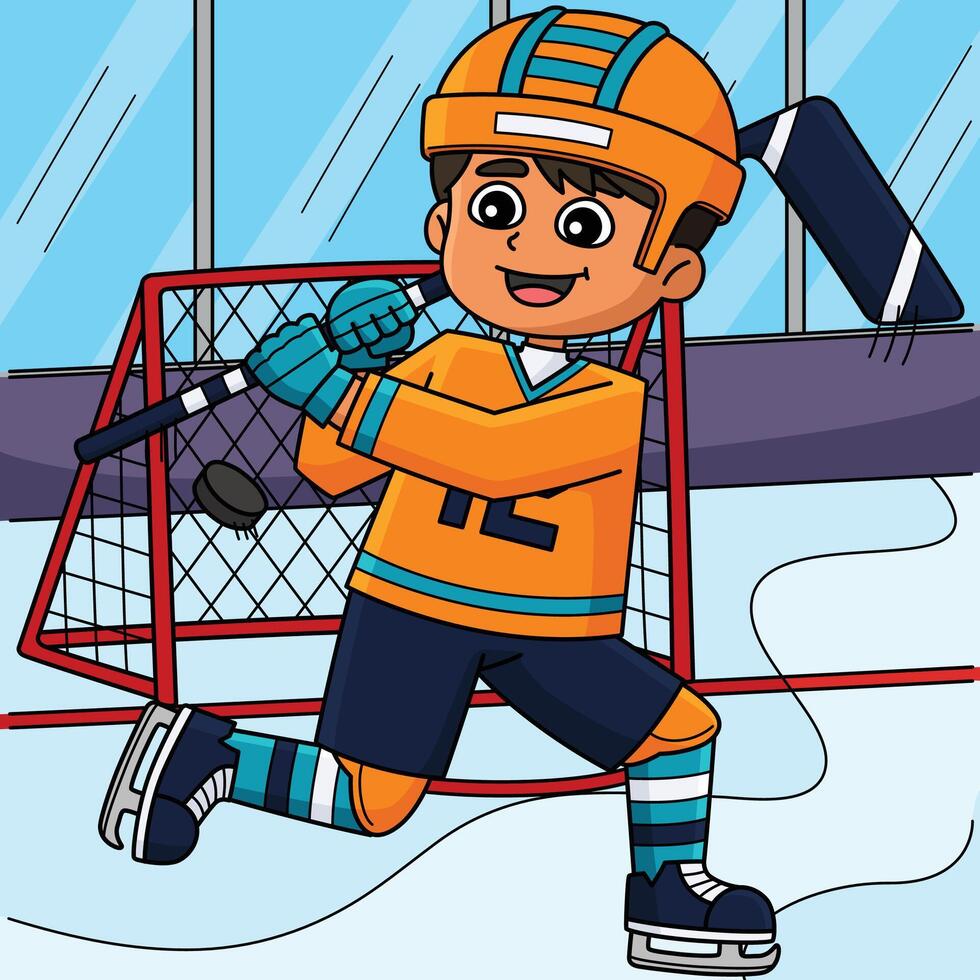 Ice Hockey Boy Player Making Goal Colored Cartoon vector