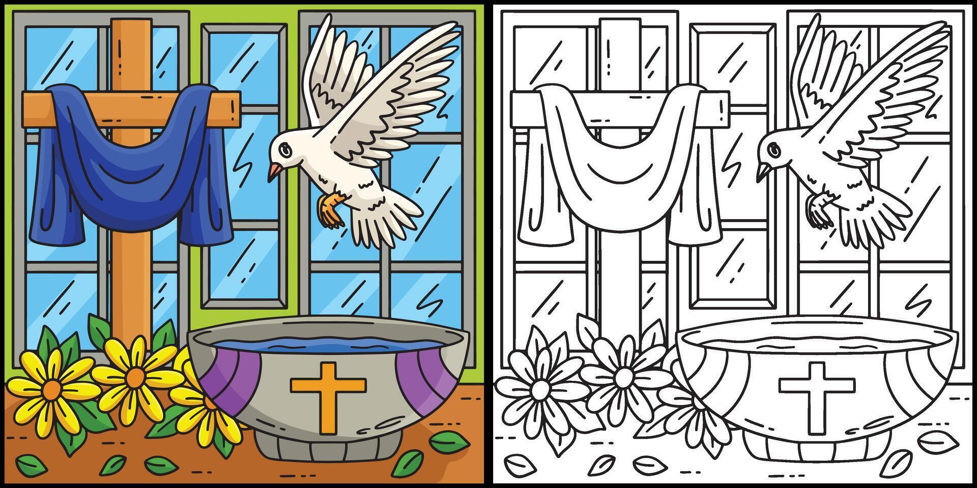 Baptism Bowl of Water, Dove and Cross Illustration vector