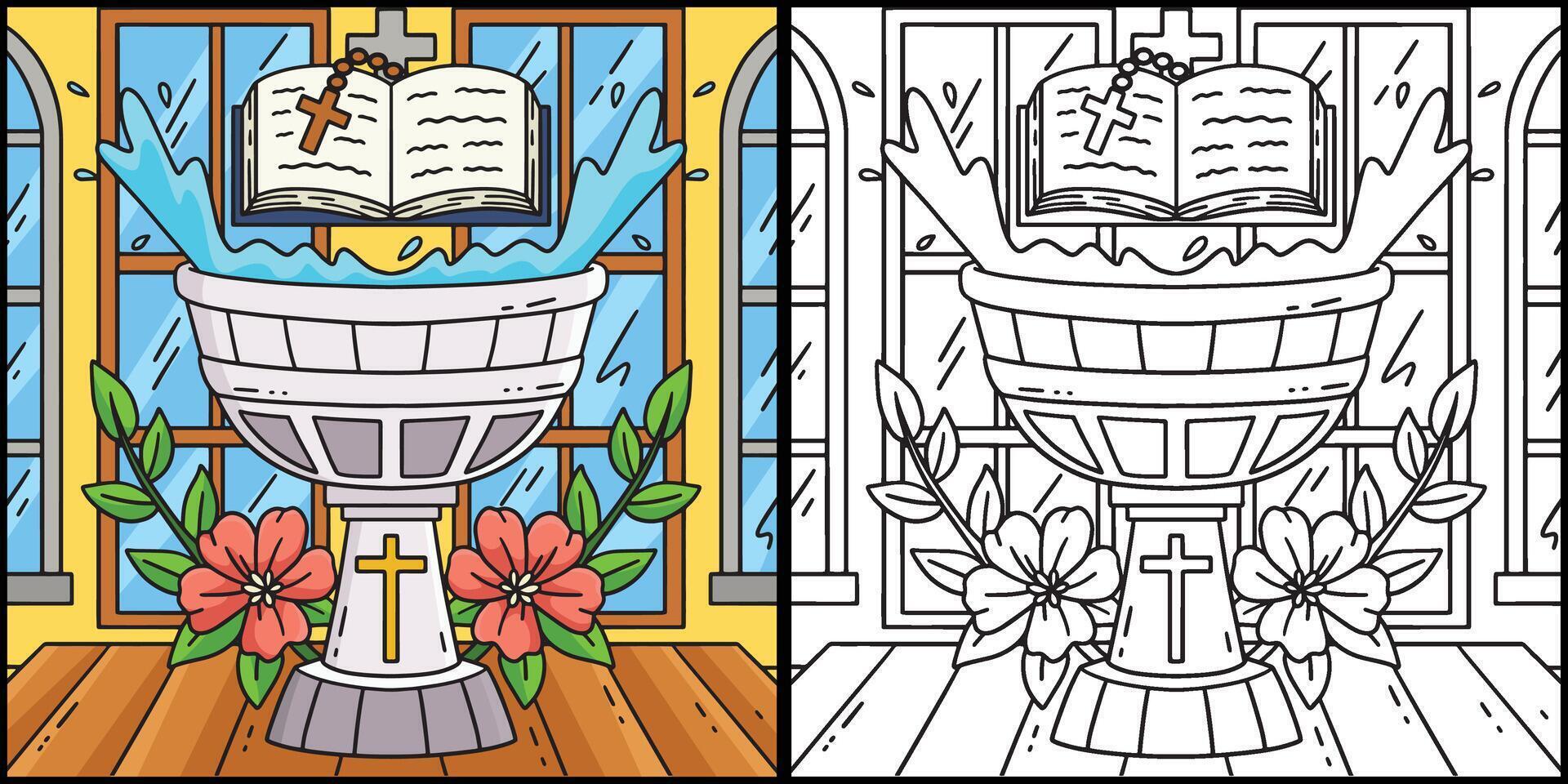Baptism Font and Bible Coloring Page Illustration vector
