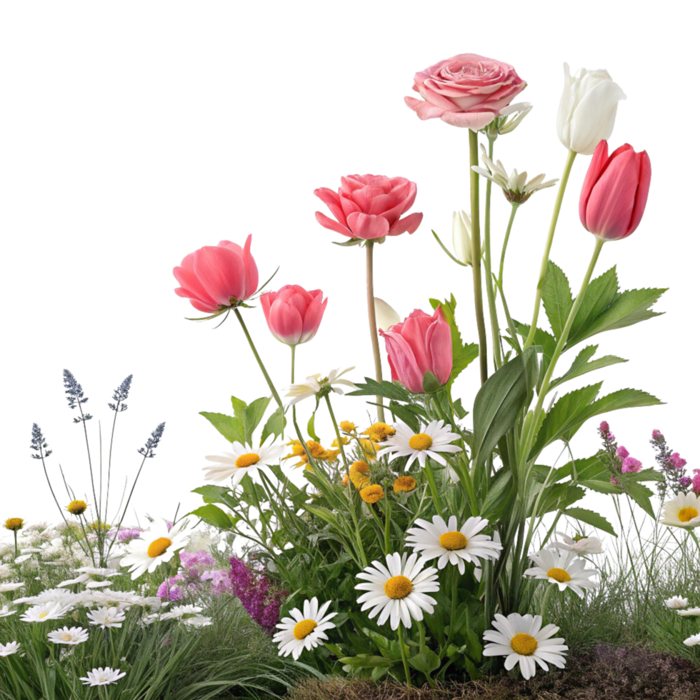 A group of flowers in a garden isolated on transparent background png