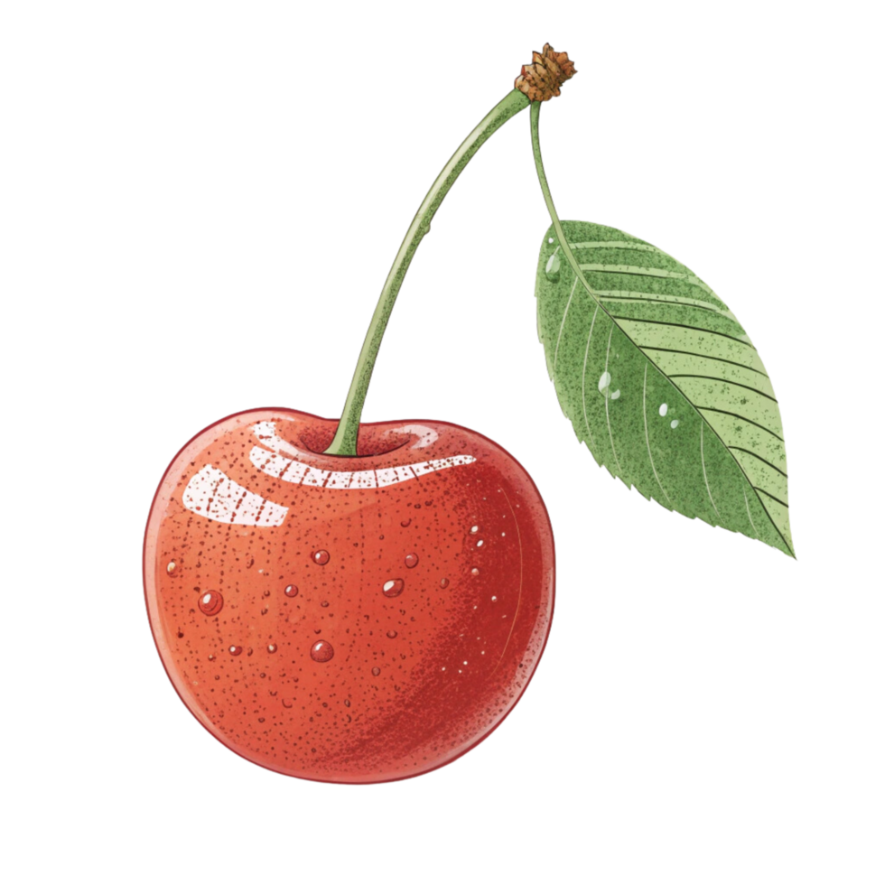 A red cherry with a green leaf isolated on transparent background png