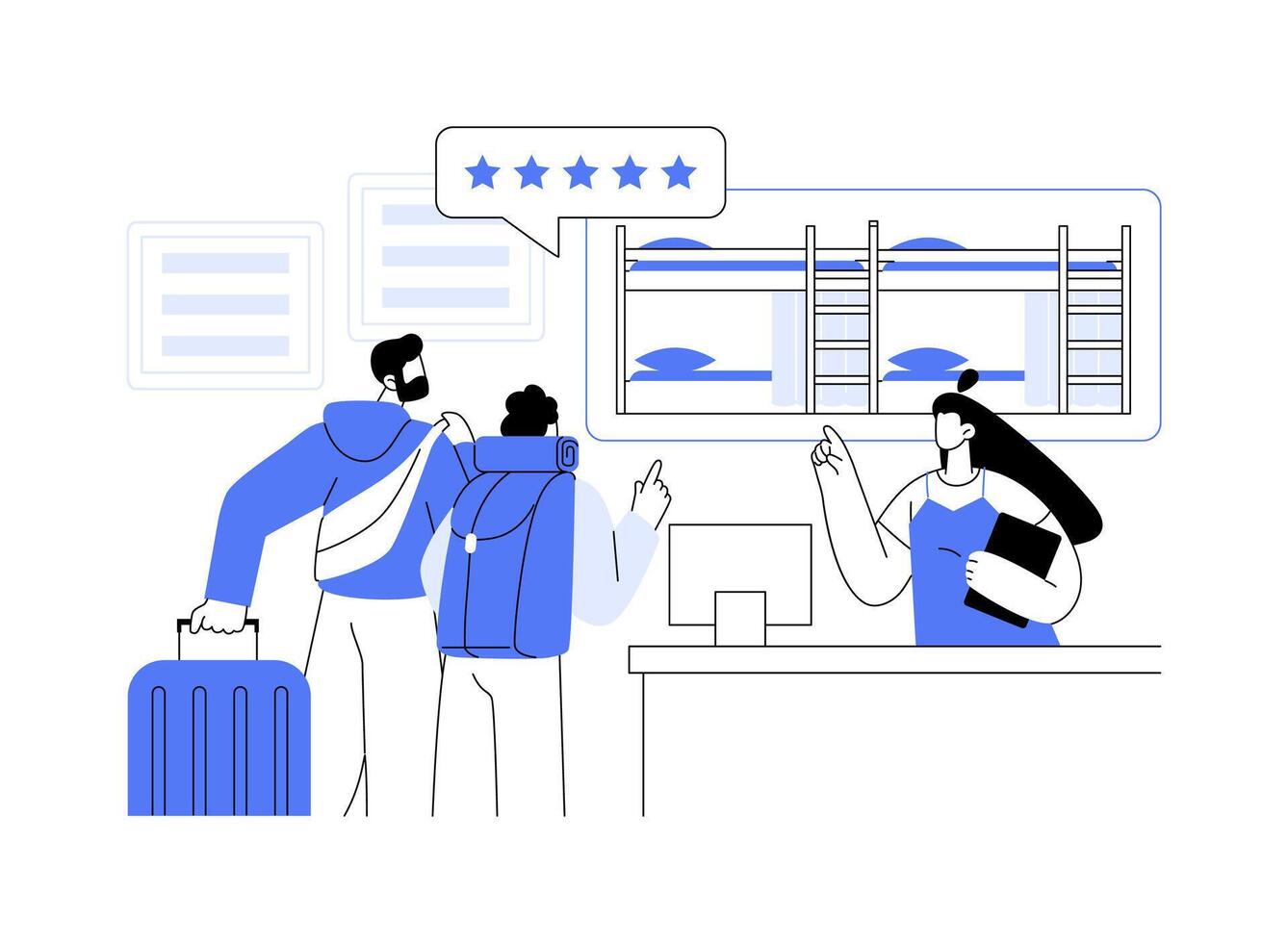 Hostel check-in isolated cartoon illustrations. vector