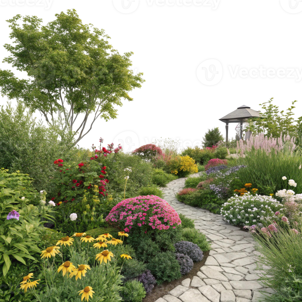 A beautiful garden with a stone path isolated on transparent background png